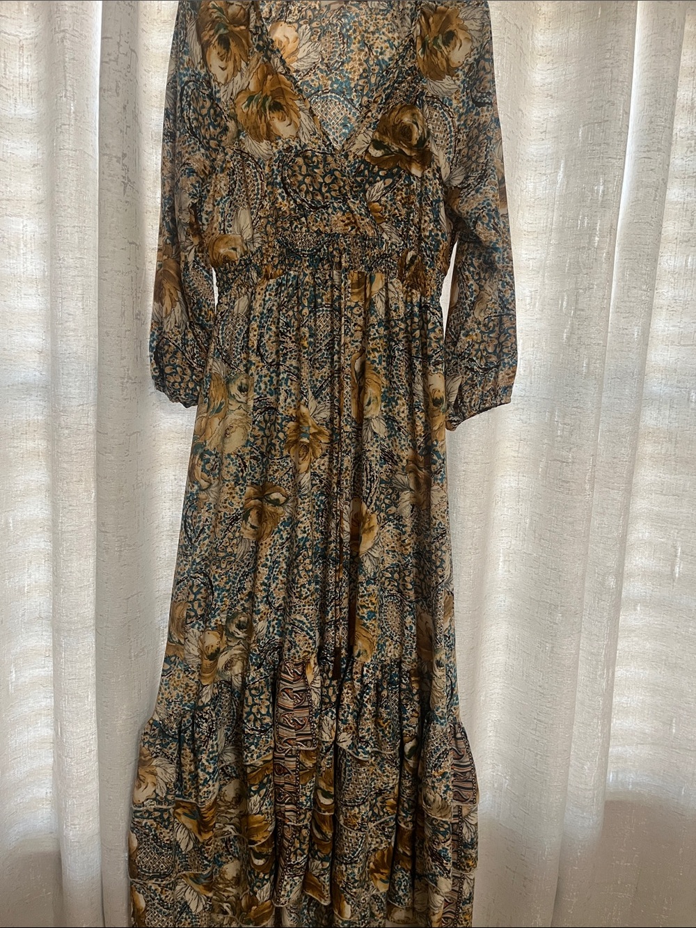 Long Sleeve Floral Tiered Maxi Dress - Olive & Teal